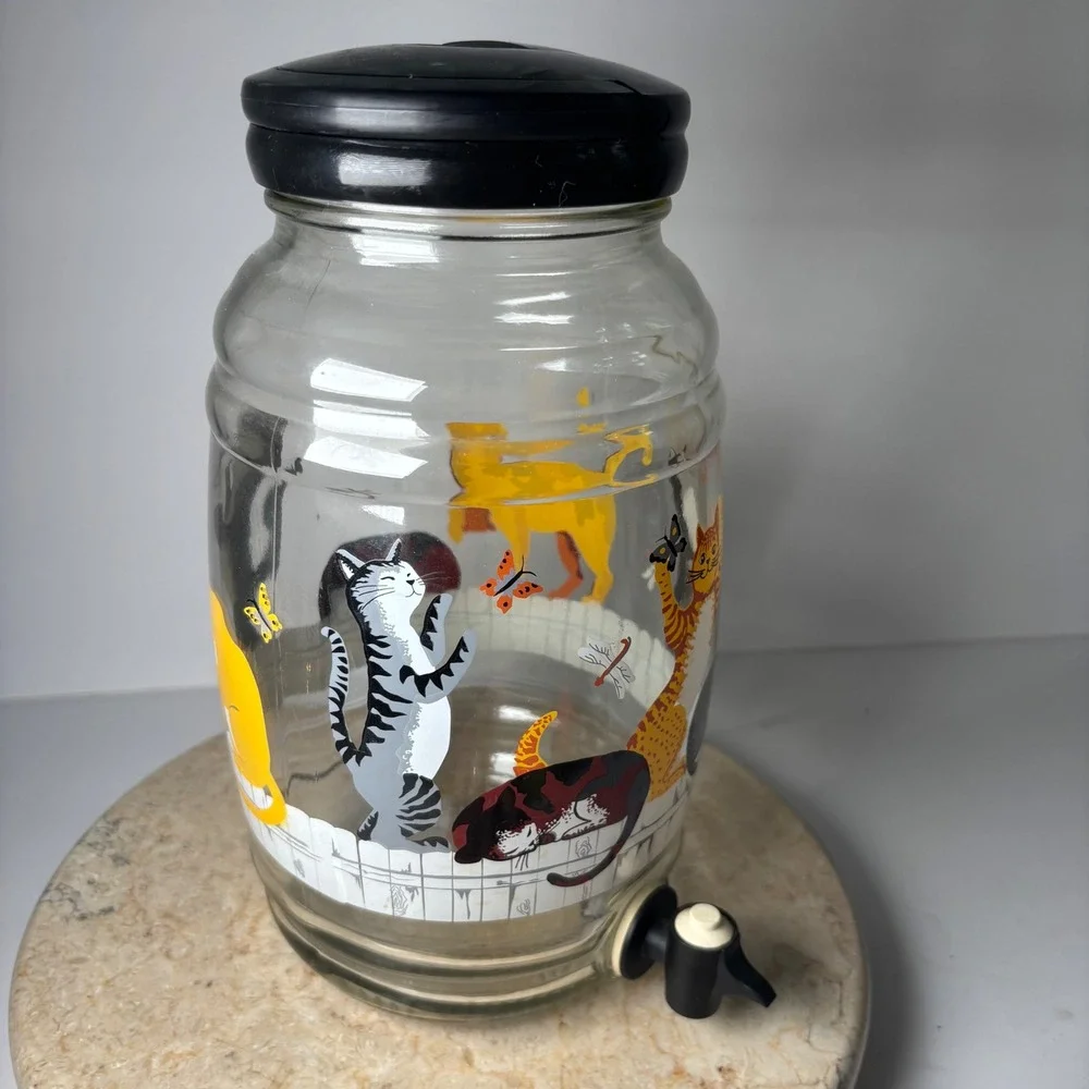 Vintage MCM Anchor Hocking Glass Cats on Fence Drink Dispenser Retro Kitsch 1 Ga